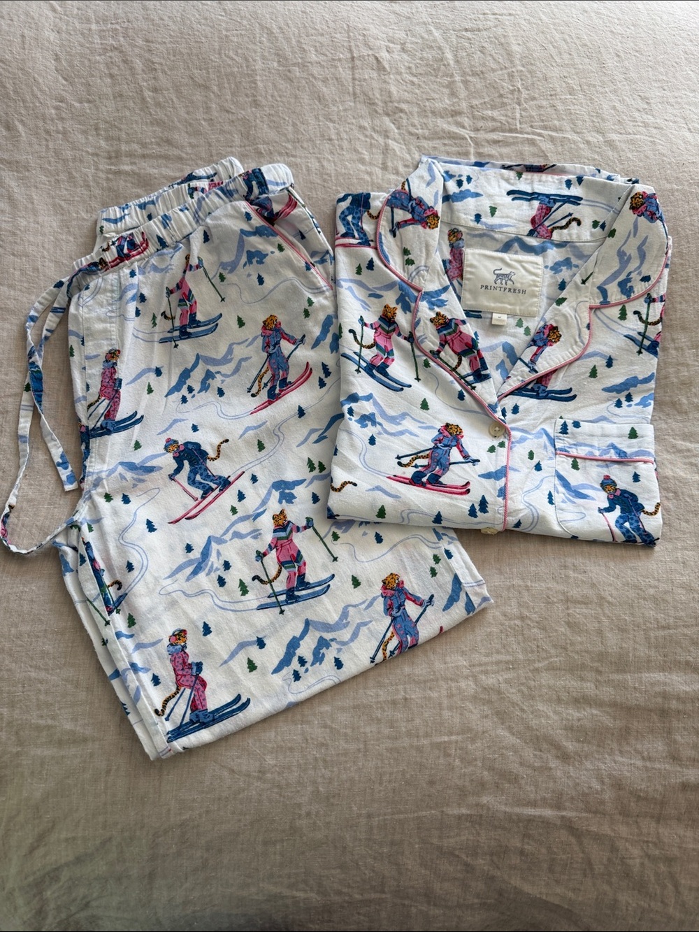 Printfresh Ladies Ski-Print Pajama Set - White with Pink, Blue, Green Accents